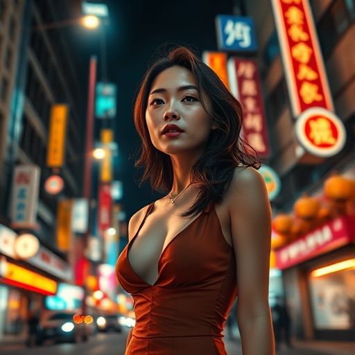 夜晚，高楼林立的城市街道灯火璀璨，车水马龙，充满活力与神秘感，暗示着丰富的夜生活等待探索。