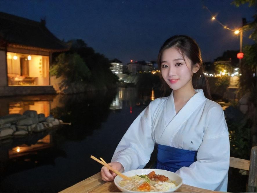 广州一处夜市美食街的夜景，霓虹灯闪烁，背景是休闲娱乐场所