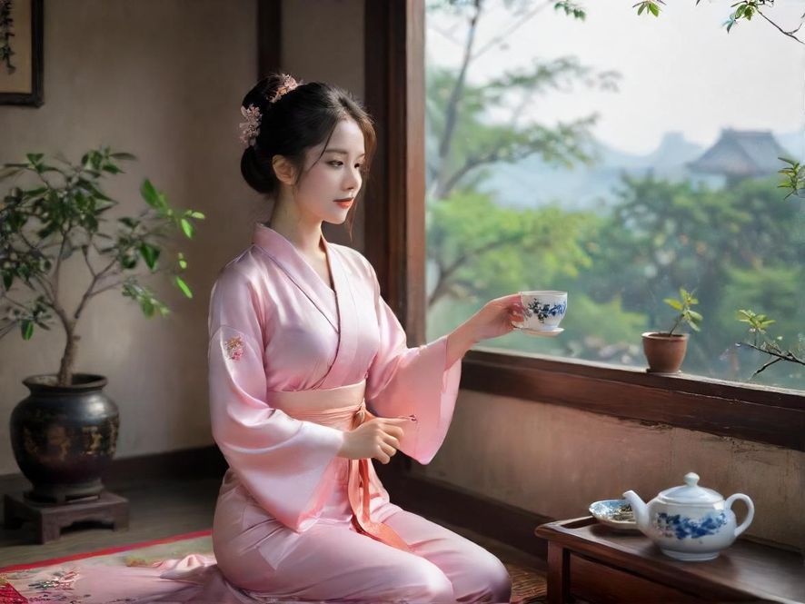 一位优雅女性在温馨茶室中品茗，享受宁静时光