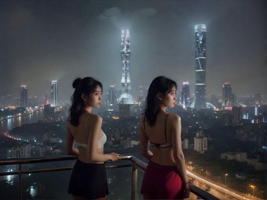广佛深夜街景，霓虹闪烁，车流穿梭，一幅充满故事感的城市夜景。