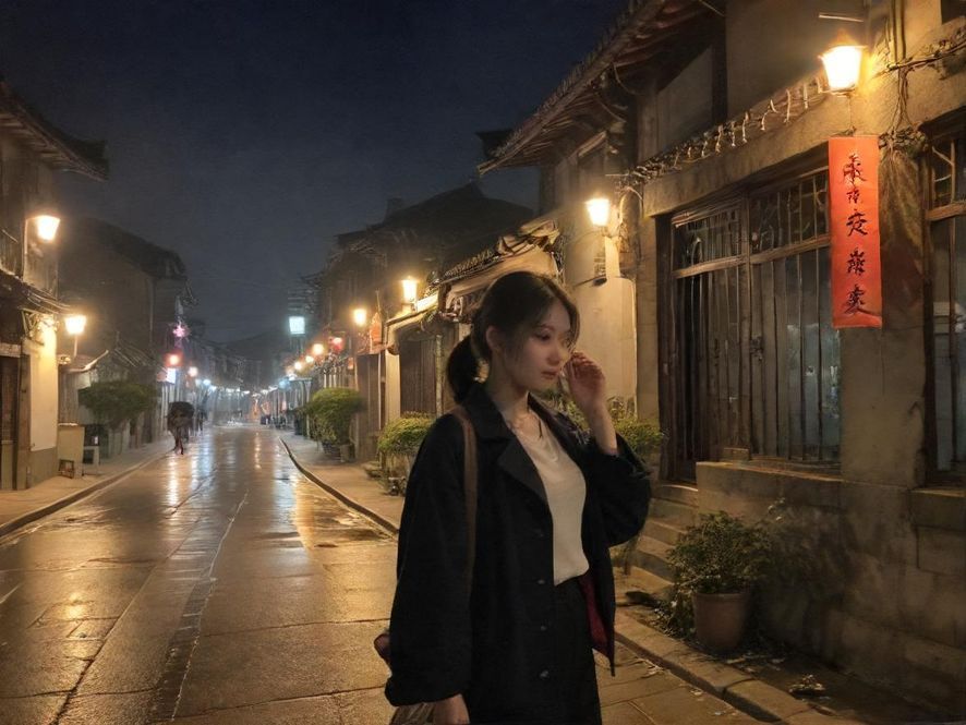 城市夜色中一条小巷深处的入口，透着神秘的光芒