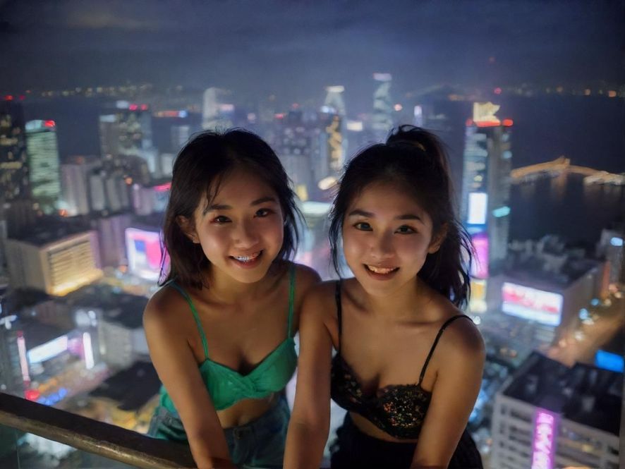 高楼俯瞰广州璀璨夜景，霓虹灯光模糊成一片光晕，前景是轻松愉悦的人物剪影，象征着都市中的放松与自由。