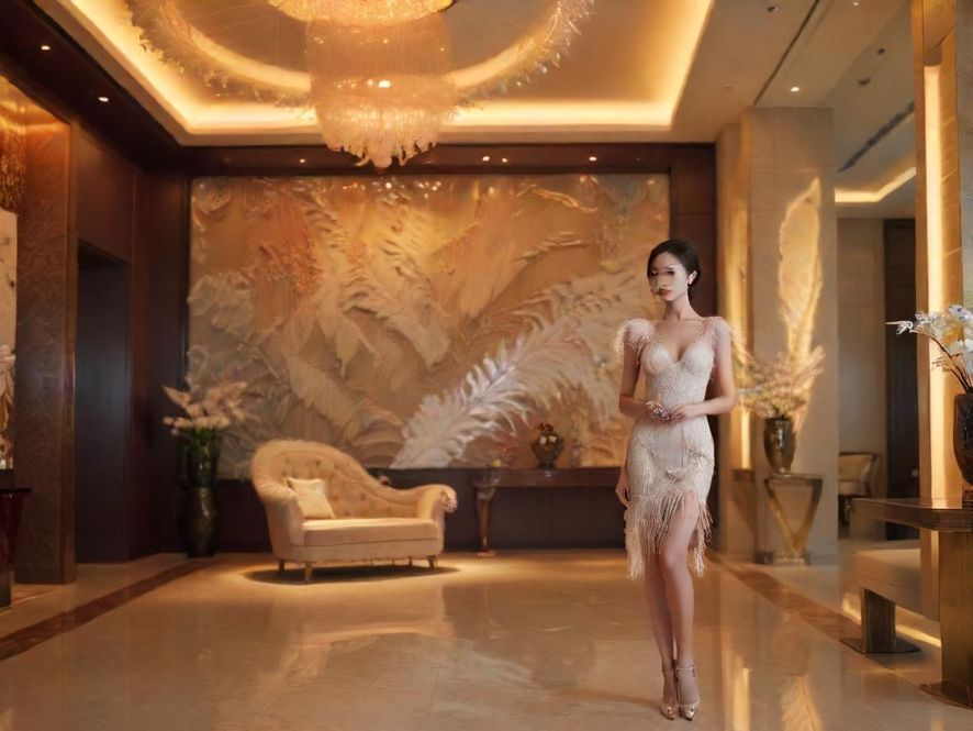 深圳百花丛一角，奢华会所大堂的宽阔全景，现代简约风格中透着暖色灯光，营造出温馨而尊贵的氛围。