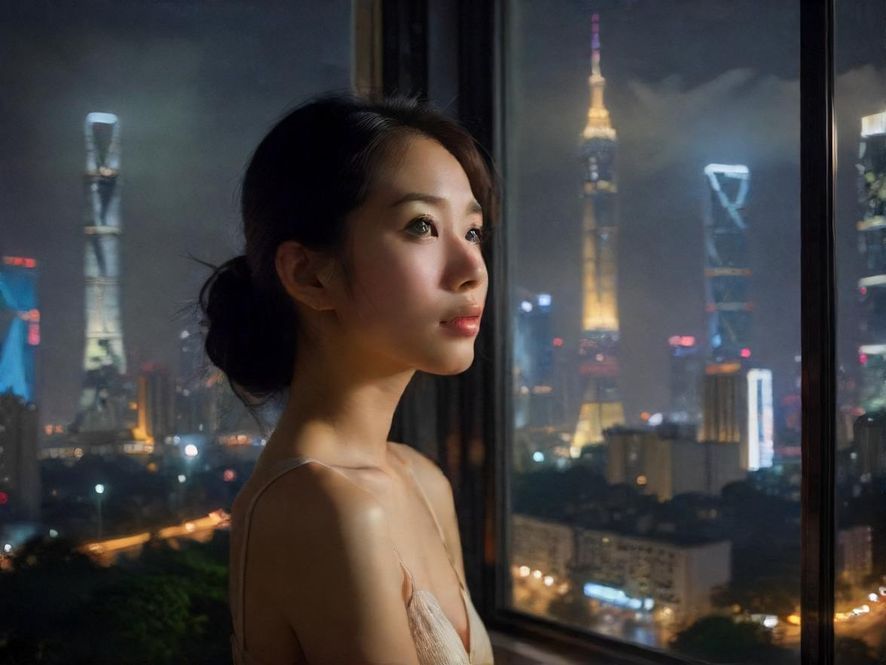 一个身心疲惫的都市人在深夜凝望窗外广州璀璨的夜景