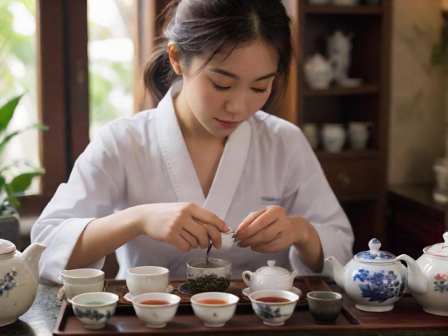 广州品茶外卖茶艺师冲泡，专注细节，近景特写，典雅茶具