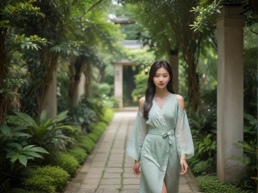 广东qm佰花园入口，被茂密的绿植环绕，一条幽静的小径通向深处，散发着宁静治愈的氛围。