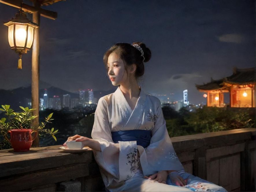 广州夜景下的赛博朋克风格茶楼