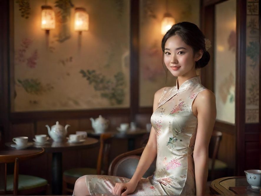 一位身着旗袍的女子，侧身回眸，面带温婉笑容，置身于典雅的茶室之中，背景是古色古香的屏风和精致的茶具。