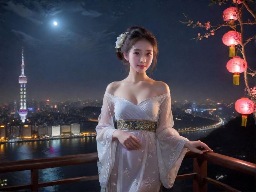 广州夜晚灯火辉煌的城市景象，远处是休闲会所的建筑轮廓