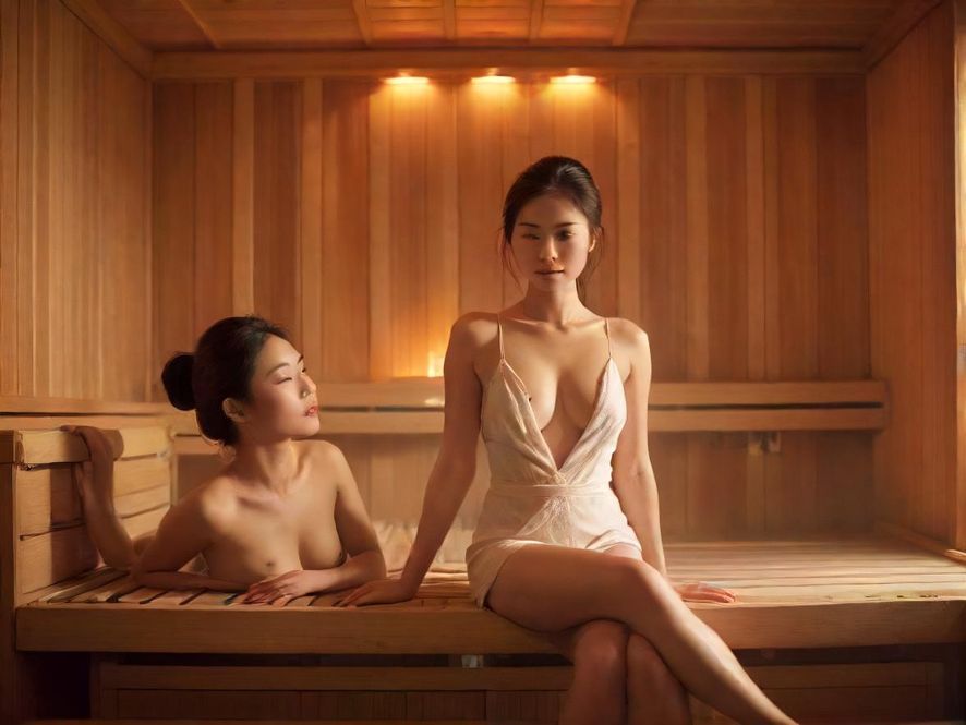 成熟女性在桑拿休息区放松