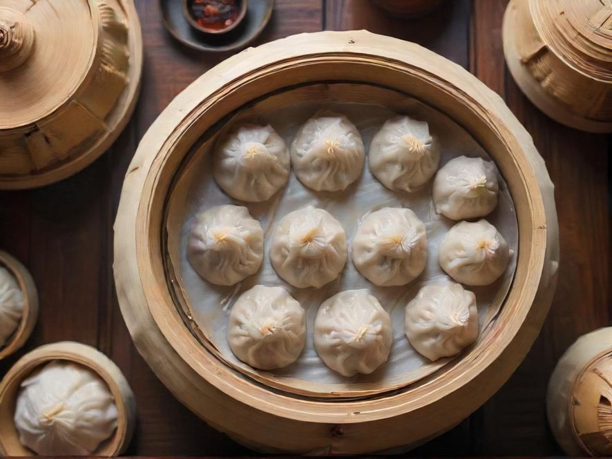 一笼热气腾腾的小笼包，搭配精致的茶点，置于传统中式茶楼的木桌上