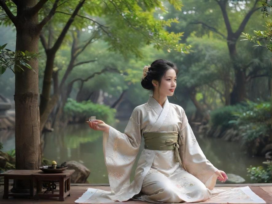 广州一位茶艺师正在优雅地为客人冲泡茶水，背景是精致的传统茶具