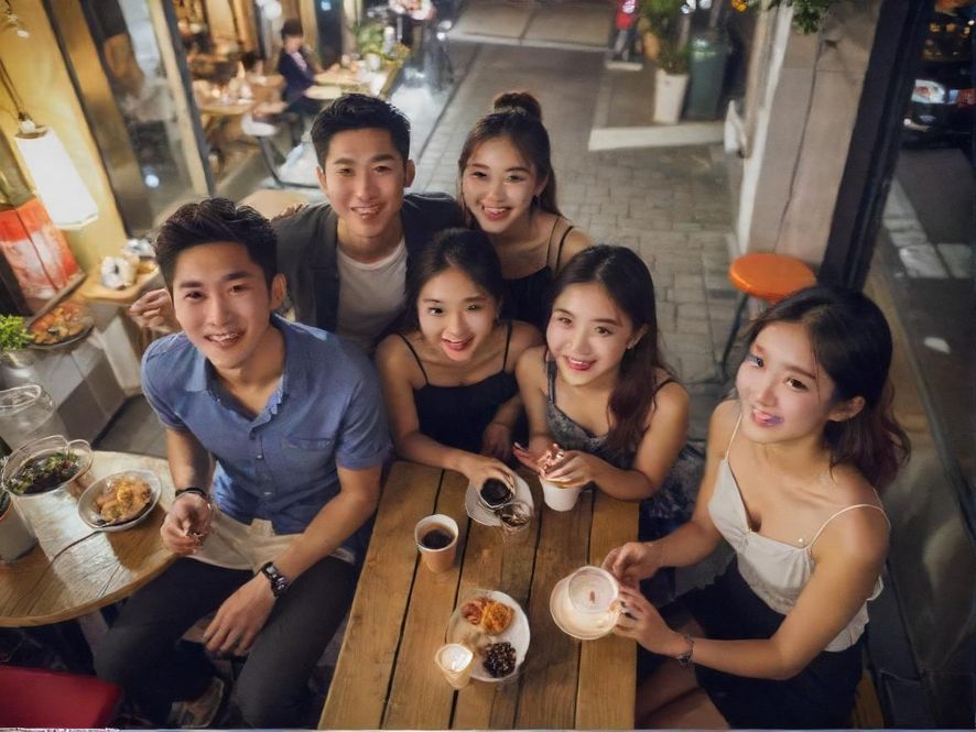 一群年轻人在城市里享受各种休闲娱乐活动,俯视角度展现城市活力