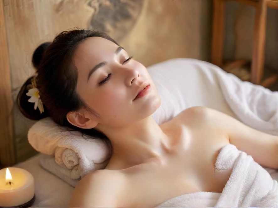 一位女士在广州一家温馨SPA房中享受放松,俯视角度呈现唯美意境。