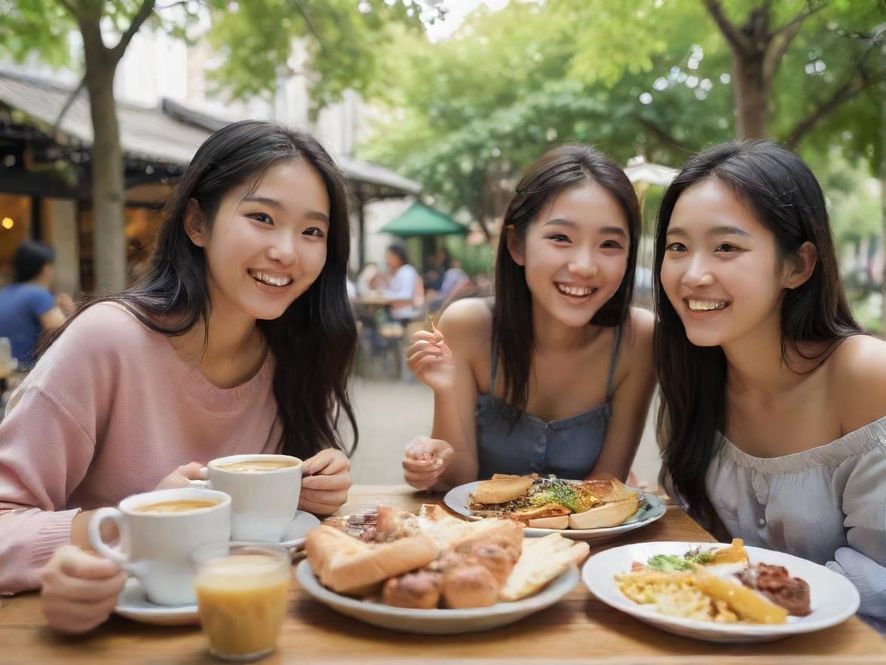 朋友们在温馨的咖啡厅里分享美食和愉快的休闲时光,平视角度展现生活细节