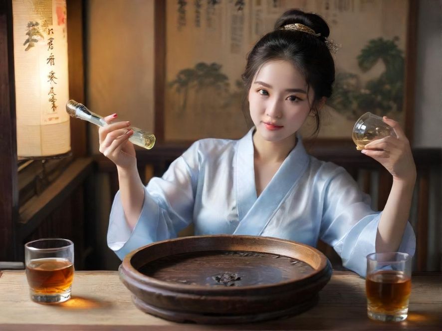 一位打扮时尚的女性在深圳一家特色酒吧里，手持一杯特调饮品，背景是迷离的霓虹灯光和现代感的室内装饰