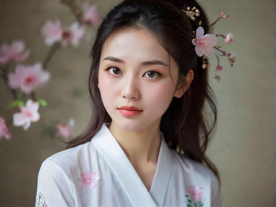 一位身着华服的妩媚女子，侧身优雅地坐在充满艺术气息的私密空间中，眼神流露出温柔与邀请。