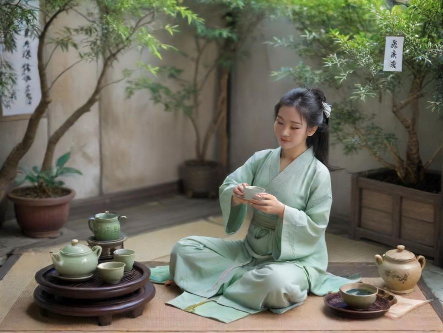 一位气质优雅的女士在深圳现代茶室中品尝香茗,背景柔和,氛围宁静。