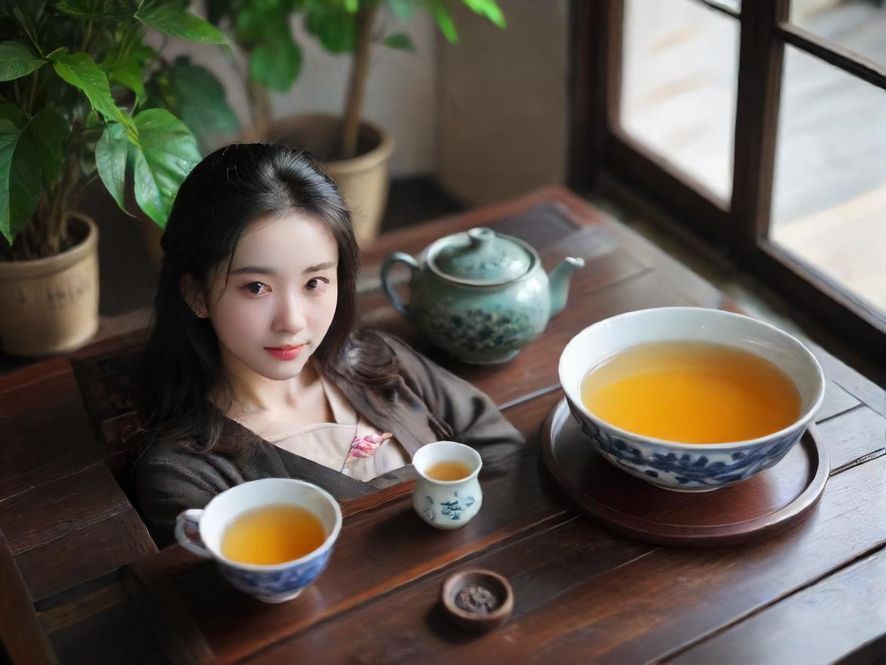 一位女士在雅致的茶室中,专注地品味香茗,享受片刻宁静与美好。