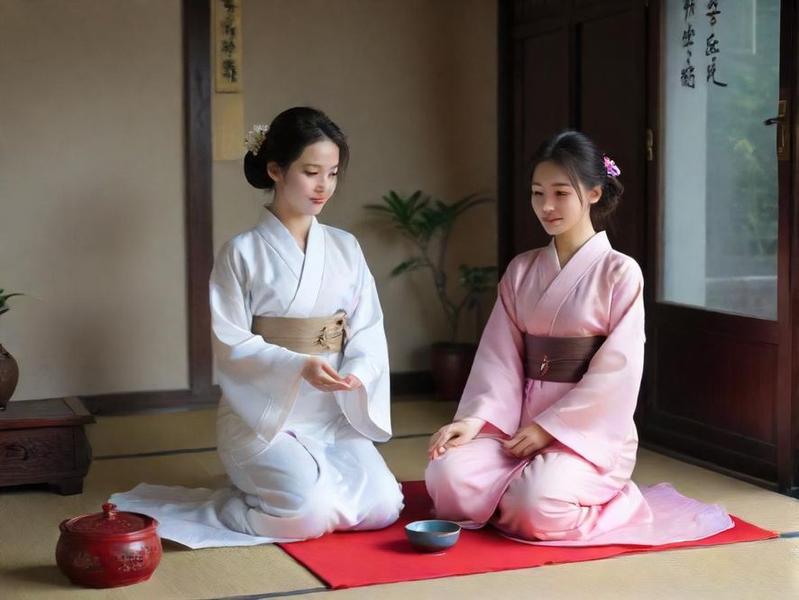 一位女子在古色古香的茶室中品茗，光线柔和，氛围宁静