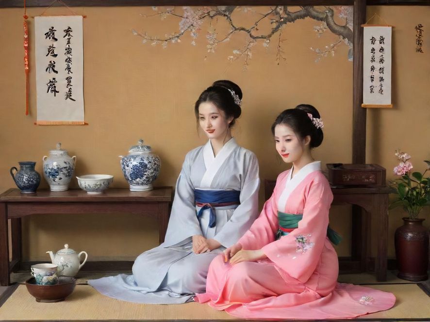 一位优雅女性在家中客厅享受上门茶艺服务,茶具精致,光线柔和,营造出温馨私密的氛围。