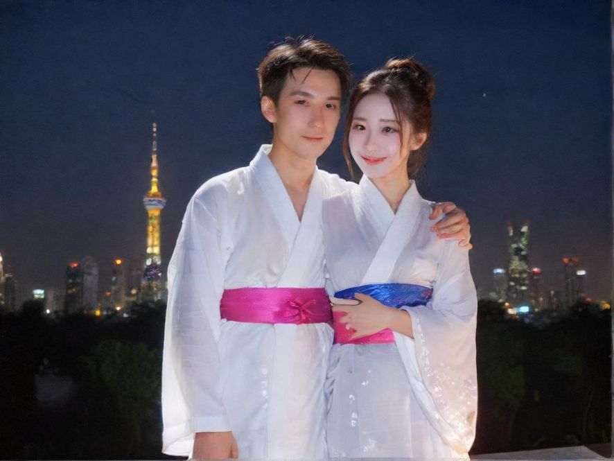 一群年轻人在广州夜晚的街头欢声笑语，展现都市活力