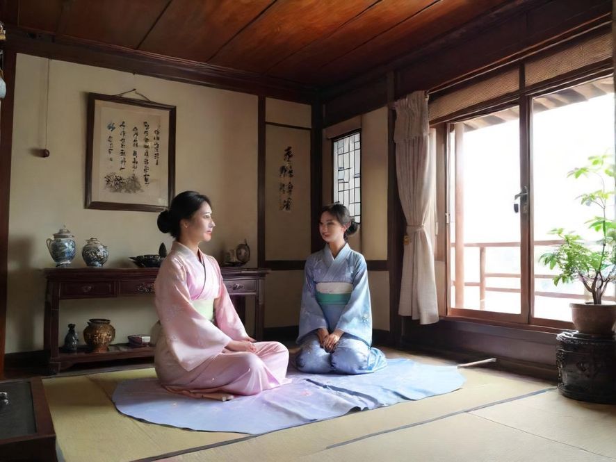 一位熟女在温馨茶室中优雅地微笑,享受宁静时刻