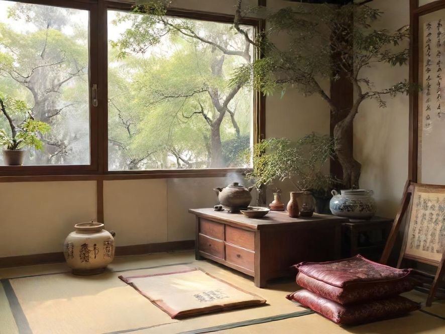 广州雅致茶室内部，柔和灯光下，东方美学设计，营造宁静私密氛围